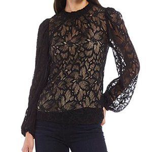 NRuffle Mock Neck Long Balloon Sleeve Woven Blouse